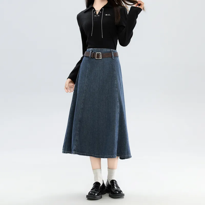 FAWENXIANGZI Denim Long Skirt Women's Blue-3