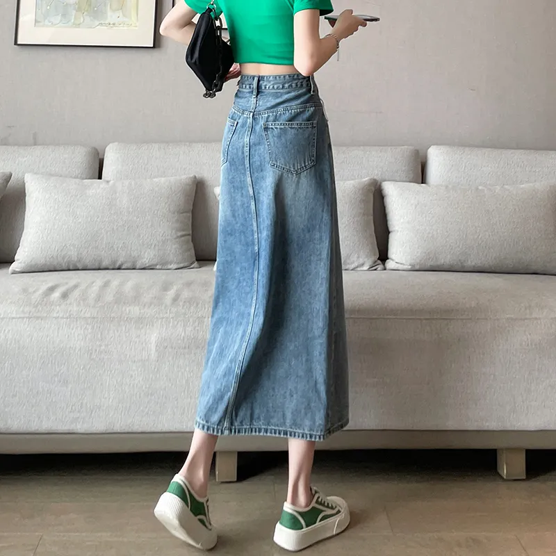 FAWENXIANGZI Denim Long Skirt Women's Vintage Blue-1