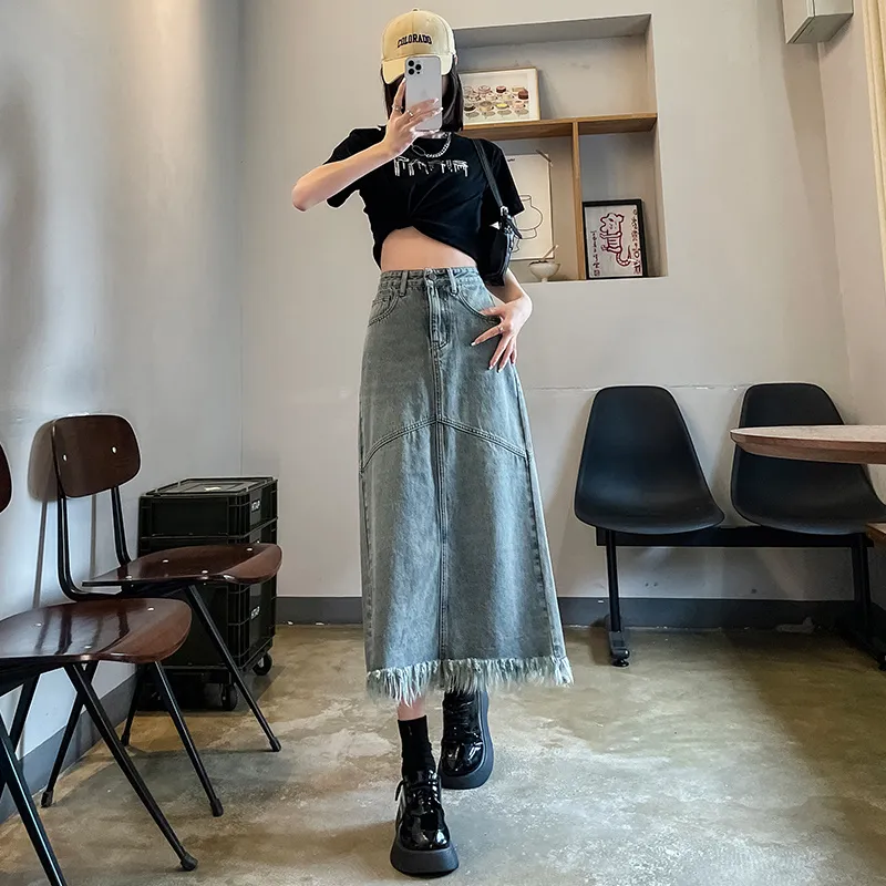 FAWENXIANGZI Denim Long Skirt Women's Blue-3