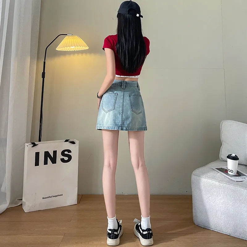 FAWENXIANGZI Denim Short Skirts Women's Blue-1
