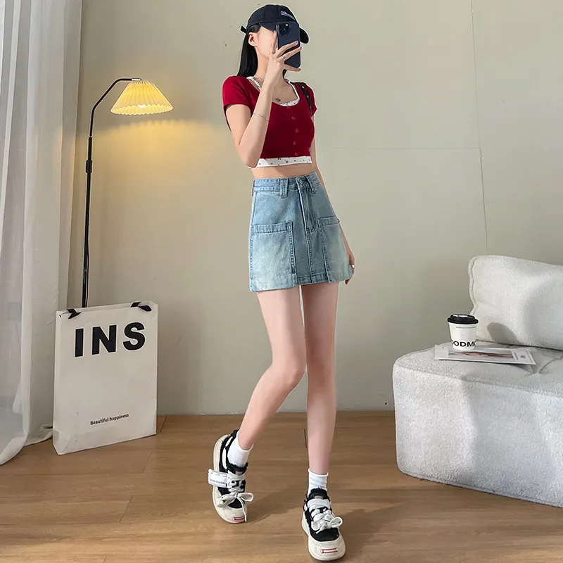 FAWENXIANGZI Denim Short Skirts Women's Blue-6