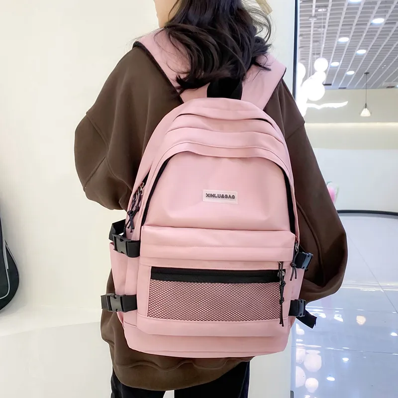 BRABOSTON Nylon Fabric Backpack Medium Size Unisex Black/Pink/Blue/Beige/Green/Gray-9