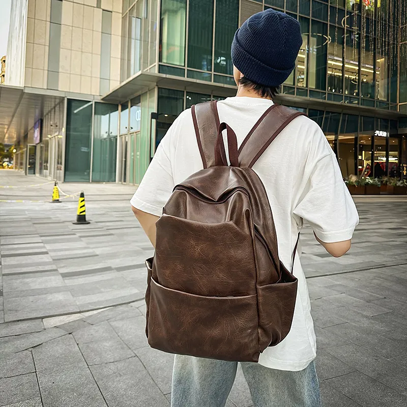 BRABOSTON PU Mesh Panel Backpack Regular Unisex Black/Brown-9
