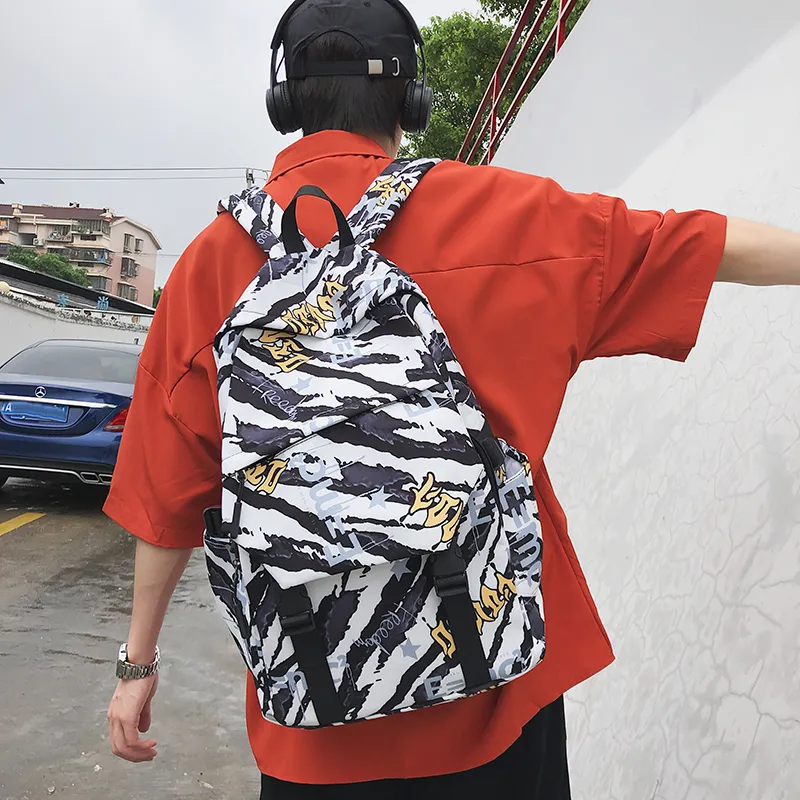 BRABOSTON Nylon Backpack Unisex Seven Characters/Black White Stripes/Black/Light Green/Light Blue-7