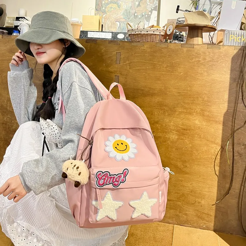 BRABOSTON Nylon Fabric Backpack Regular Unisex Beige Yellow/Ecru/Black/Pink-12