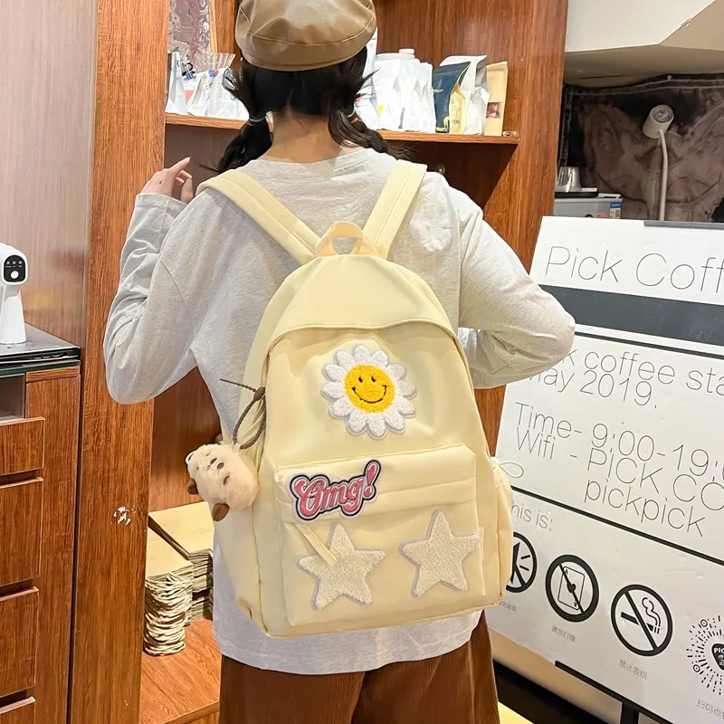 BRABOSTON Nylon Fabric Backpack Regular Unisex Beige Yellow/Ecru/Black/Pink-1