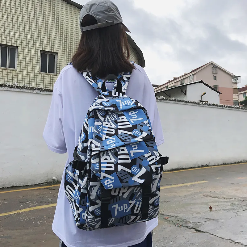 BRABOSTON Nylon Backpack Unisex Seven Characters/Black White Stripes/Black/Light Green/Light Blue-2