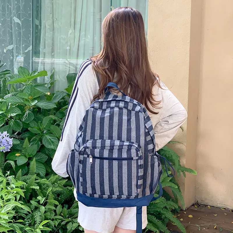 BRABOSTON Polyester Backpack Regular Unisex Red/Blue/Stripes Gray-12