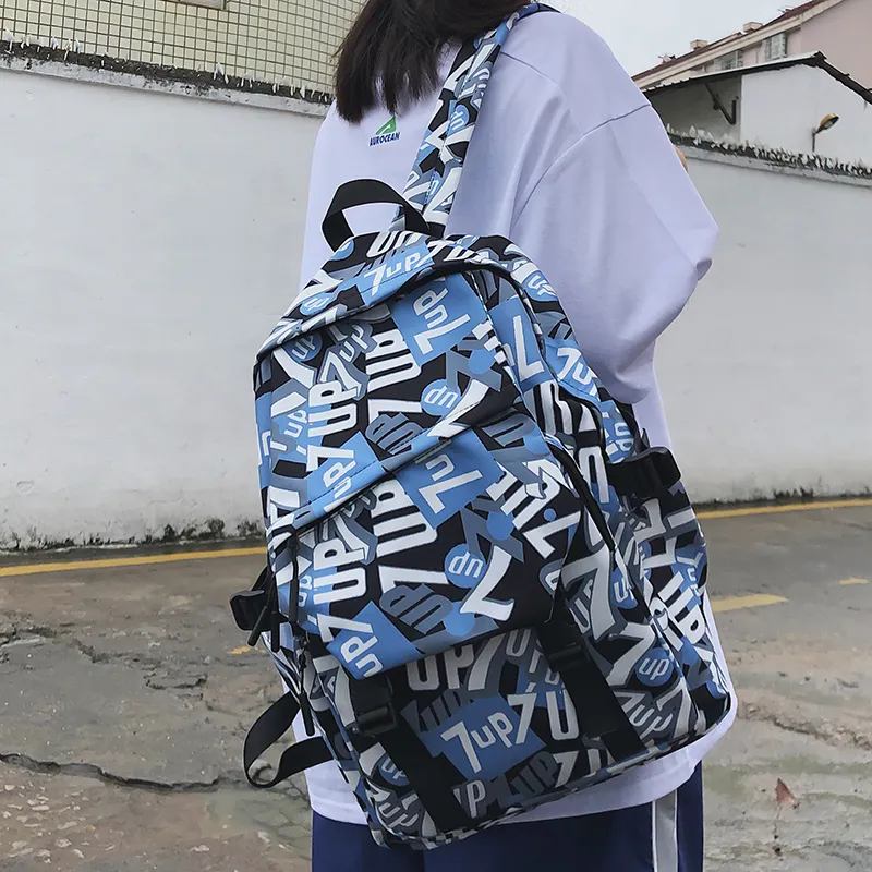 BRABOSTON Nylon Backpack Unisex Seven Characters/Black White Stripes/Black/Light Green/Light Blue-1
