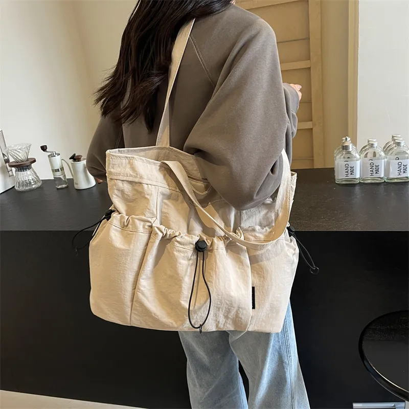 GOX Nylon Tote Bag, Shoulder Bag Regular Unisex Ecru/Black/Khaki/Green/Brown-3