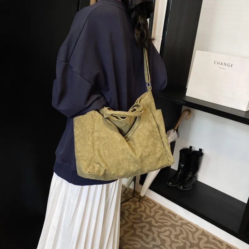 GOX Corduroy Tote Bag, Shopping Bag, Handbag, Shoulder Bag Women's White/Black/Jasper/Pink/Green-17