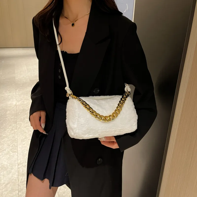 GOX Faux Fur Shoulder Bag Women's White/Black/Pink/Khaki-5