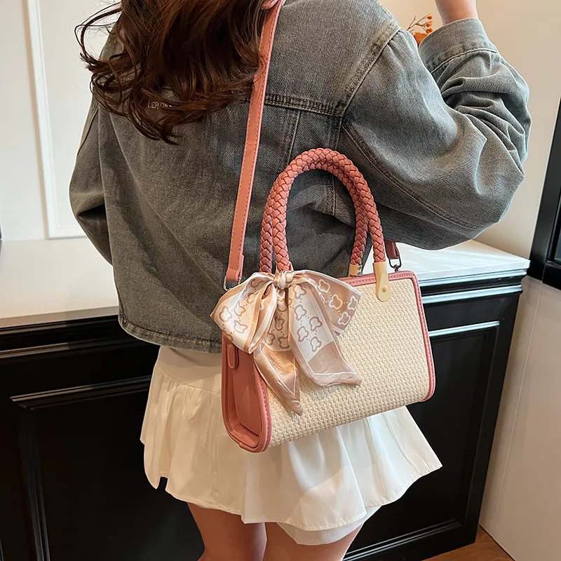 GOX PU With Straw Woven Shoulder Bag Women's Black/Pink/Khaki-10