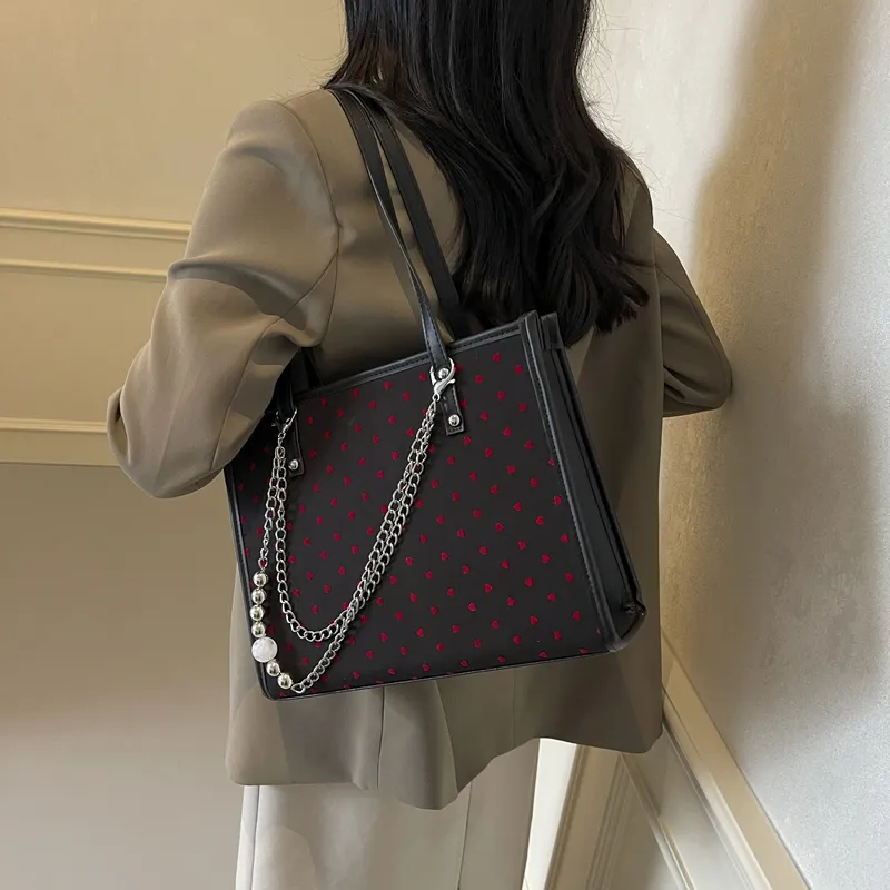 GOX Canvas Bag, Tote Bag, Shopping Bag, Shoulder Bag Women's Gray Heart/Black Heart/Polka Dot Bowknot-5