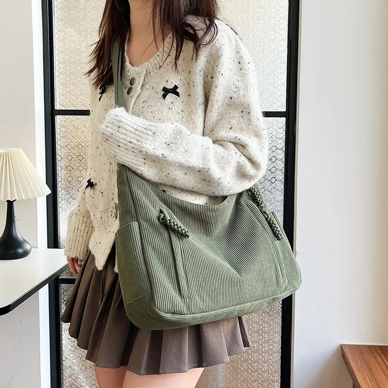 GOX Corduroy Shoulder Bag Regular Women's White/Black/Green/Khaki/Pink-9