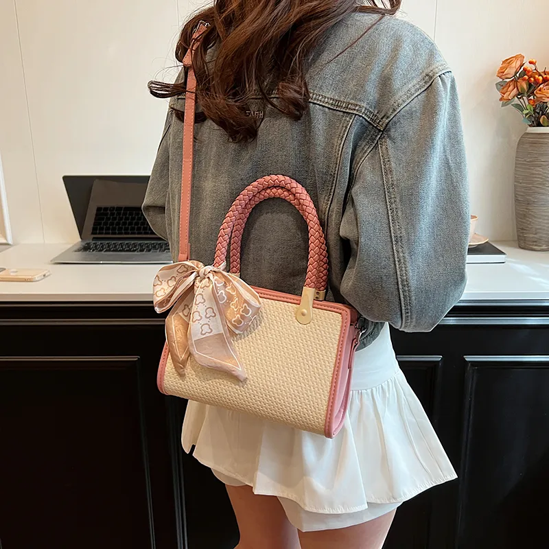 GOX PU With Straw Woven Shoulder Bag Women's Black/Pink/Khaki-12