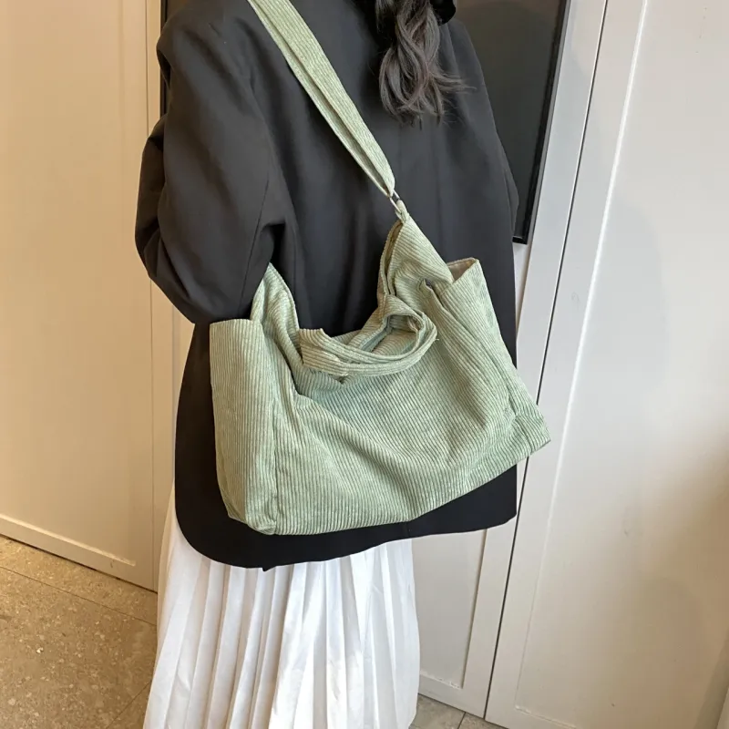 GOX Corduroy Tote Bag, Shopping Bag, Handbag, Shoulder Bag Women's White/Black/Jasper/Pink/Green-12