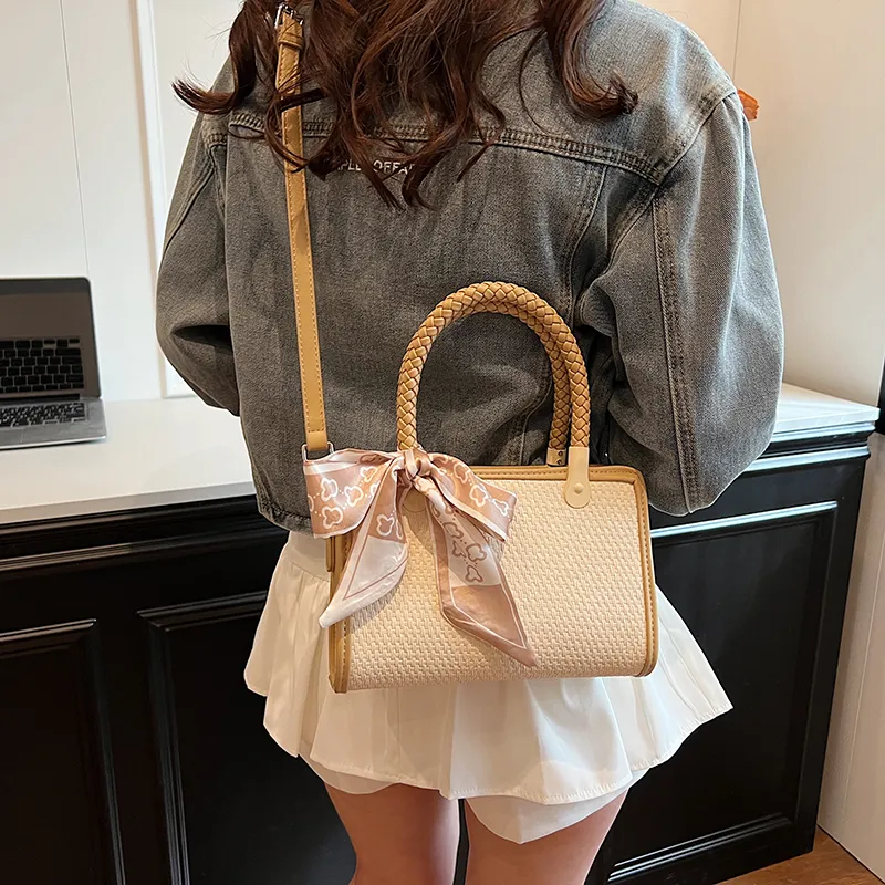 GOX PU With Straw Woven Shoulder Bag Women's Black/Pink/Khaki-17