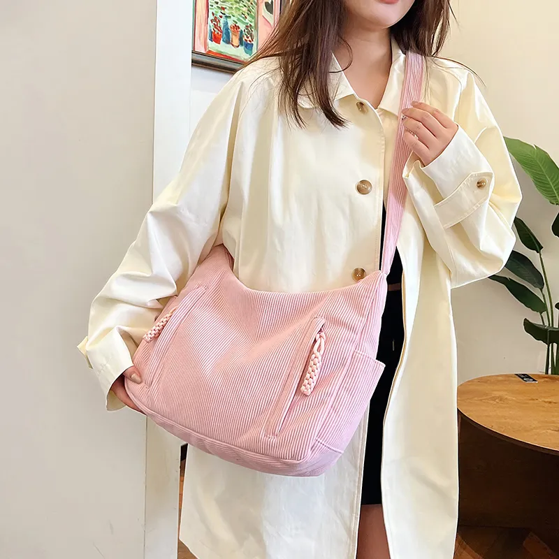 GOX Corduroy Shoulder Bag Regular Women's White/Black/Green/Khaki/Pink-17