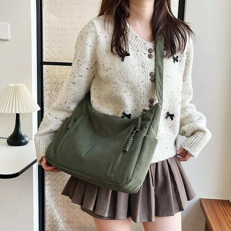 GOX Corduroy Shoulder Bag Regular Women's White/Black/Green/Khaki/Pink-10