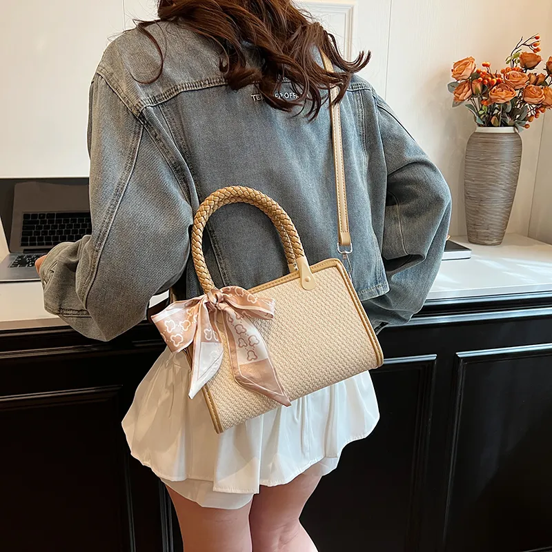 GOX PU With Straw Woven Shoulder Bag Women's Black/Pink/Khaki-19