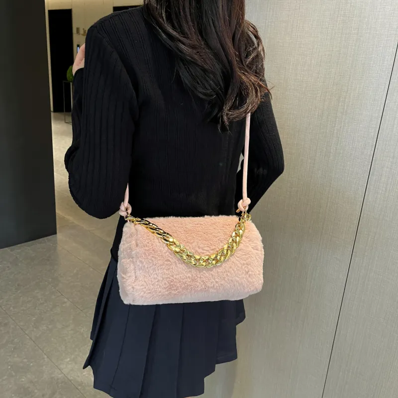 GOX Faux Fur Shoulder Bag Women's White/Black/Pink/Khaki-17