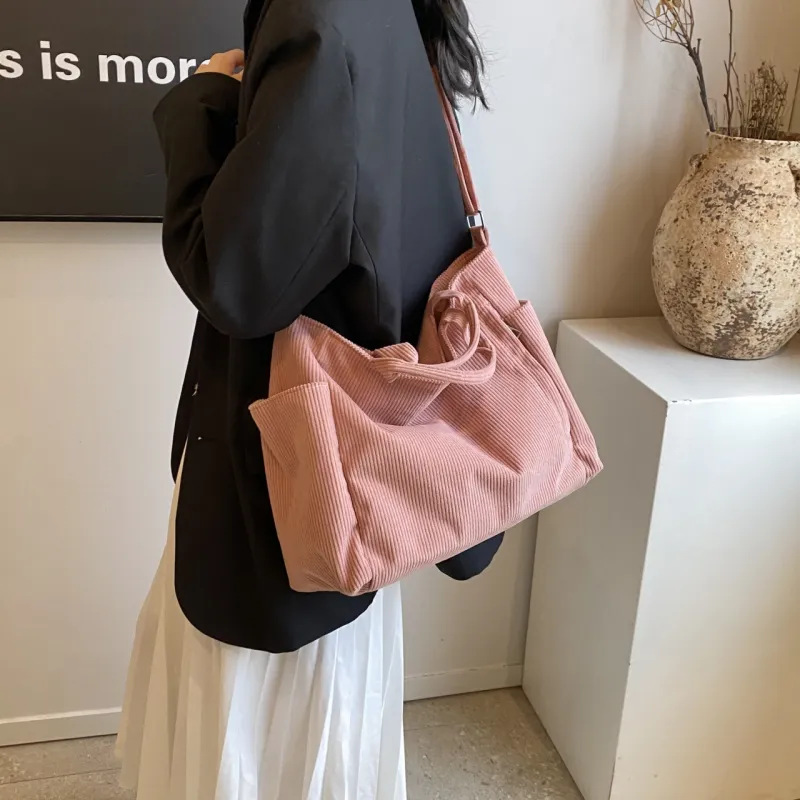 GOX Corduroy Tote Bag, Shopping Bag, Handbag, Shoulder Bag Women's White/Black/Jasper/Pink/Green-22