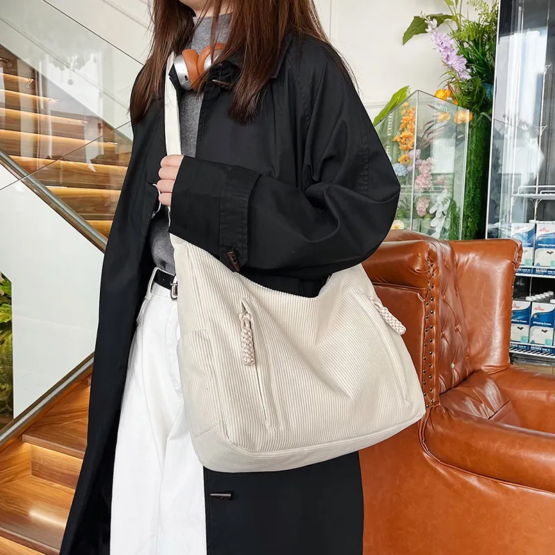 GOX Corduroy Shoulder Bag Regular Women's White/Black/Green/Khaki/Pink-3