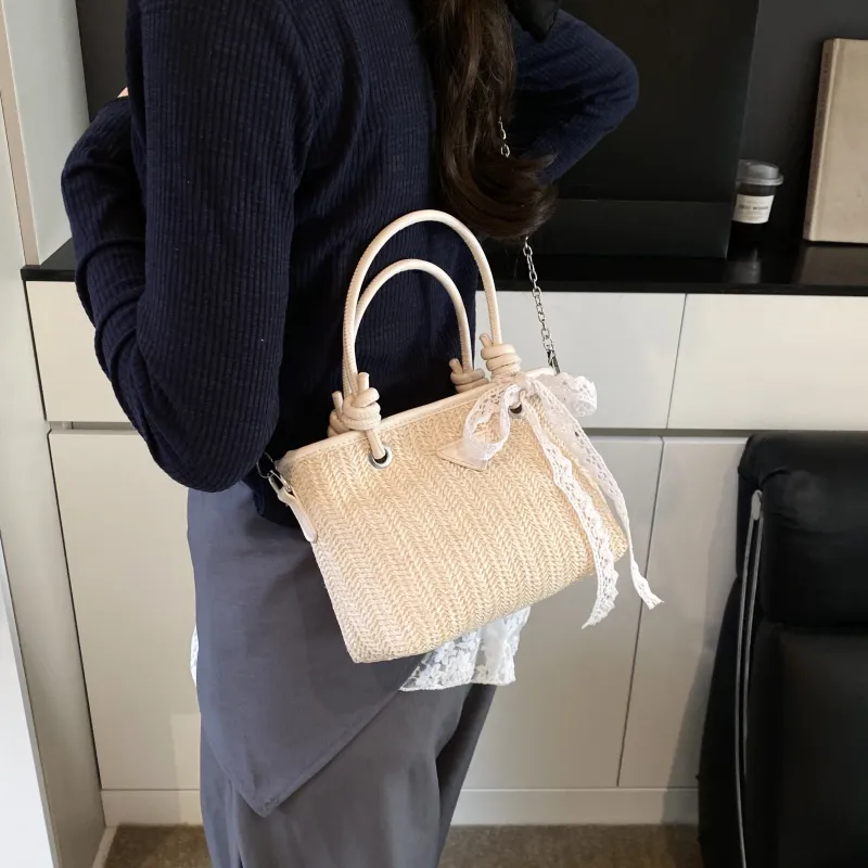 GOX PU With Straw Woven Crossbody Handbag Women's Ecru/Pink/Khaki-3
