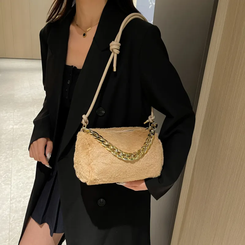 GOX Faux Fur Shoulder Bag Women's White/Black/Pink/Khaki-19