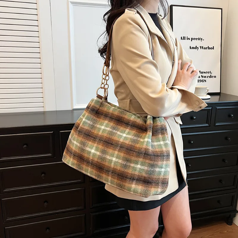 GOX Woolen Shoulder Bag Regular Women's Red Plaid/Green Plaid-7