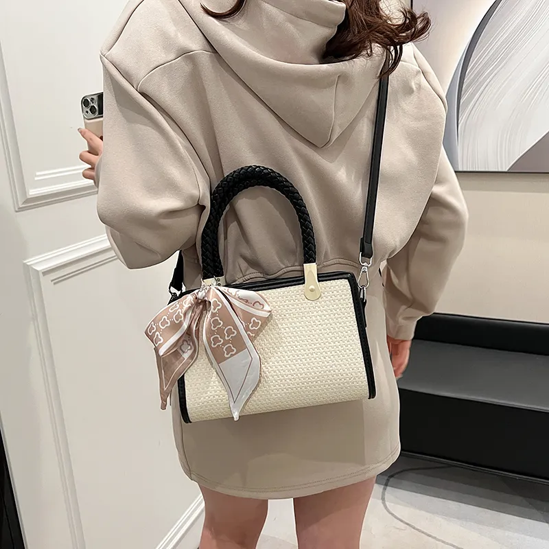 GOX PU With Straw Woven Shoulder Bag Women's Black/Pink/Khaki-6