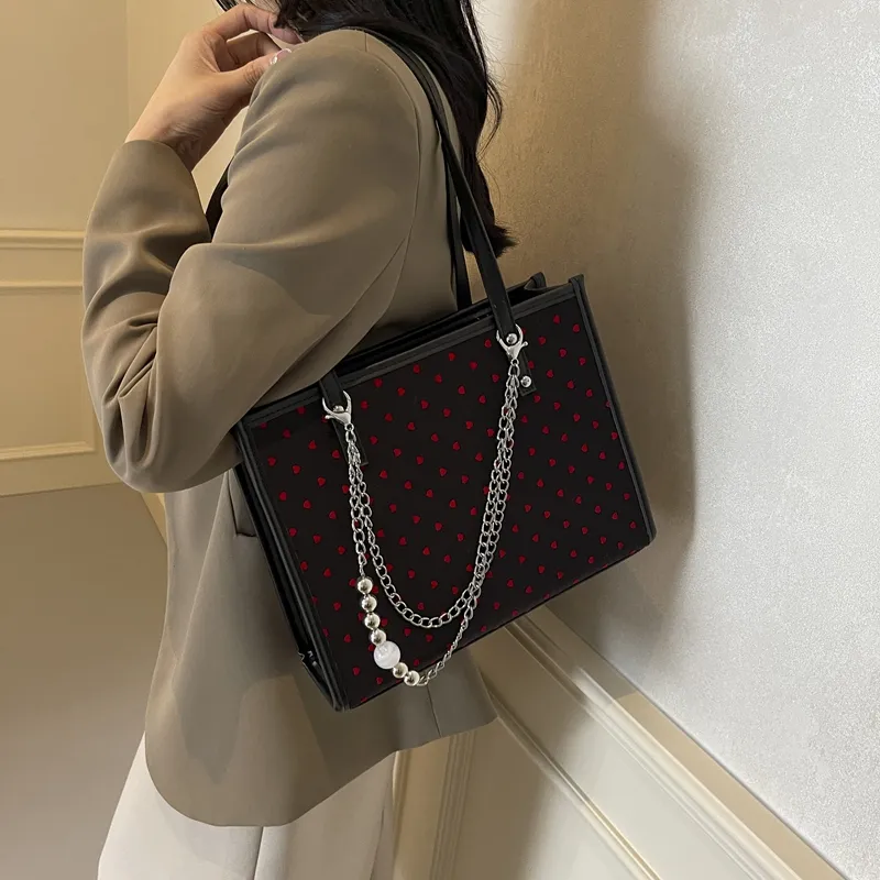GOX Canvas Bag, Tote Bag, Shopping Bag, Shoulder Bag Women's Gray Heart/Black Heart/Polka Dot Bowknot-4