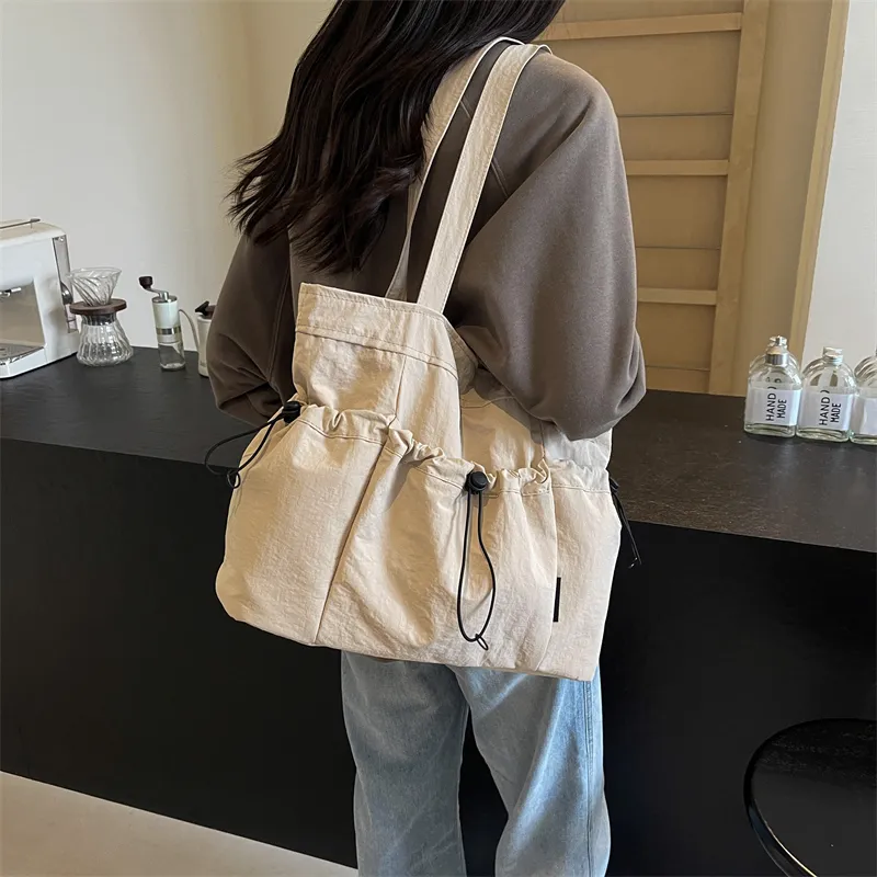 GOX Nylon Tote Bag, Shoulder Bag Regular Unisex Ecru/Black/Khaki/Green/Brown-2