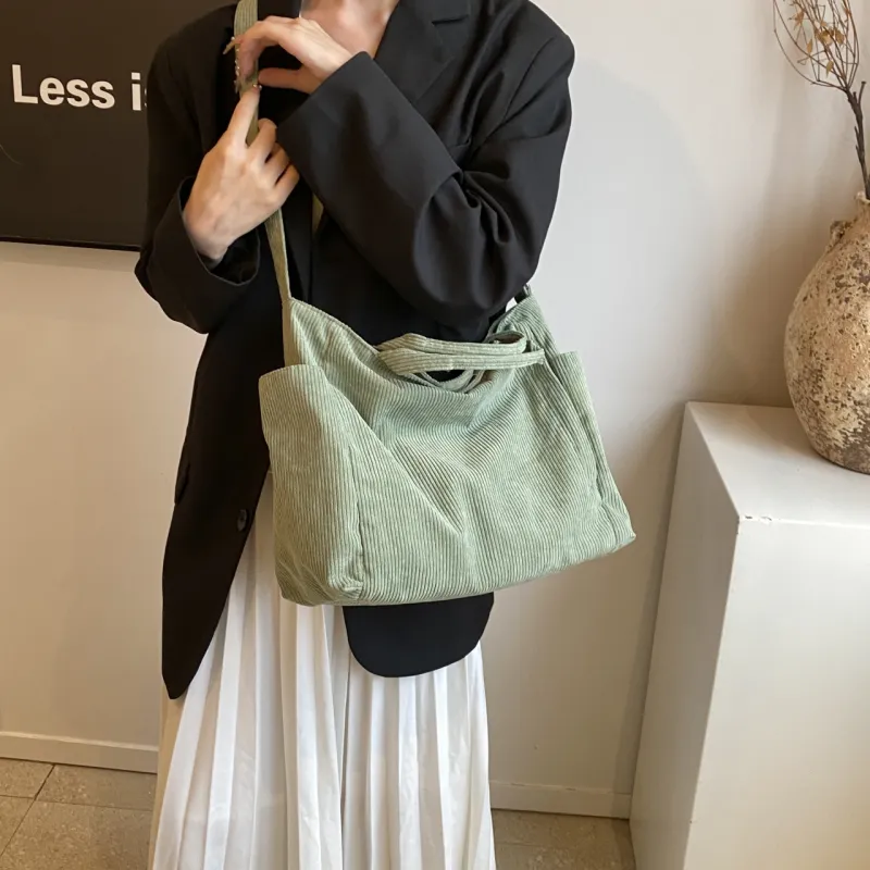 GOX Corduroy Tote Bag, Shopping Bag, Handbag, Shoulder Bag Women's White/Black/Jasper/Pink/Green-13
