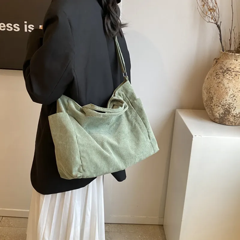 GOX Corduroy Tote Bag, Shopping Bag, Handbag, Shoulder Bag Women's White/Black/Jasper/Pink/Green-14