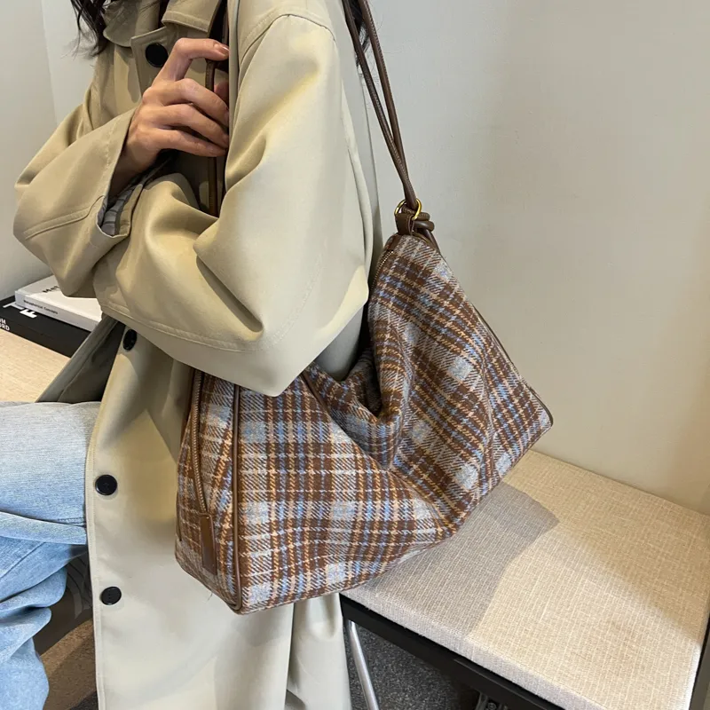 GOX Woolen Shoulder Bag, Crossbody Bag Women's Blue Plaid/Gray Plaid/Brown Plaid-9