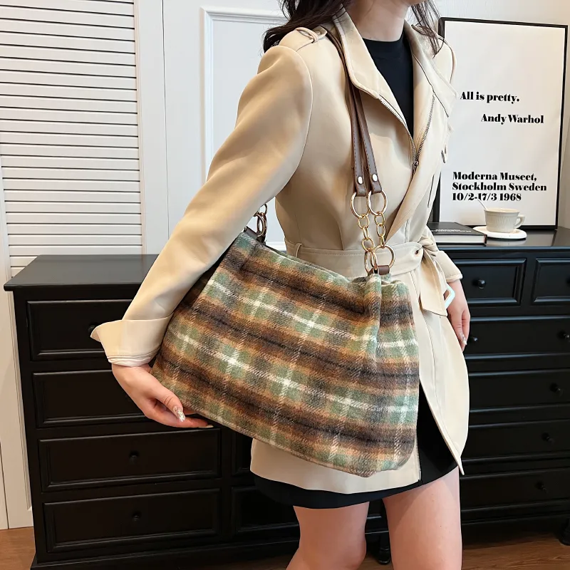 GOX Woolen Shoulder Bag Regular Women's Red Plaid/Green Plaid-8