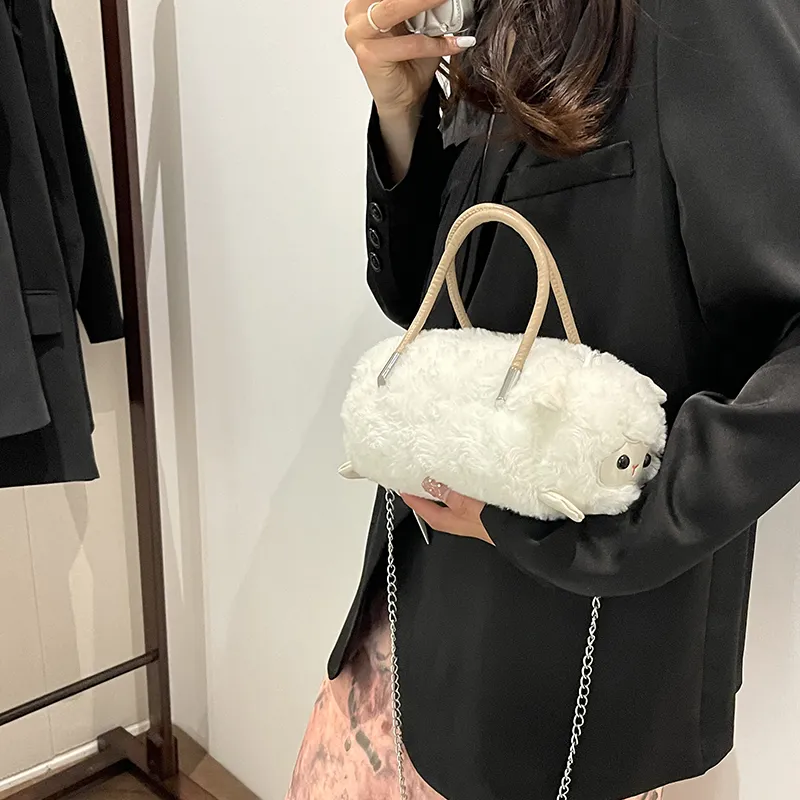 GOX Plush Shoulder Bag, Crossbody Bag, Handbag Regular Women's White/Black/Umber-3