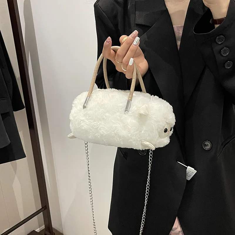 GOX Plush Shoulder Bag, Crossbody Bag, Handbag Regular Women's White/Black/Umber-1
