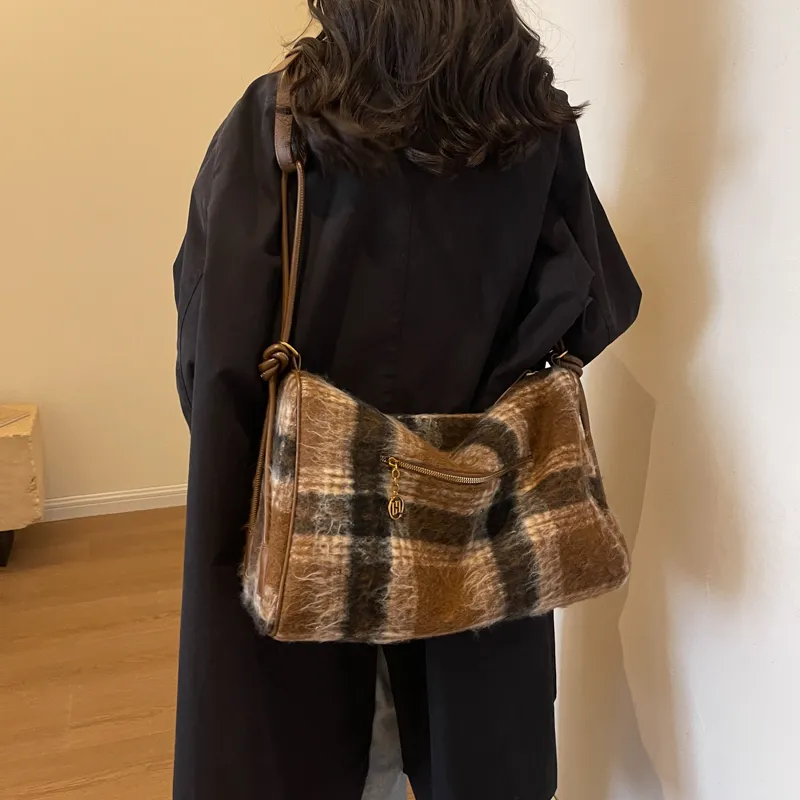 GOX Woolen Shoulder Bag, Crossbody Bag Women's Blue Plaid/Gray Plaid/Brown Plaid-13