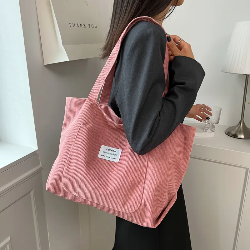 GOX Corduroy Handbag, Shoulder Bag Women's Ecru/Black/Light Brown/Pink-17
