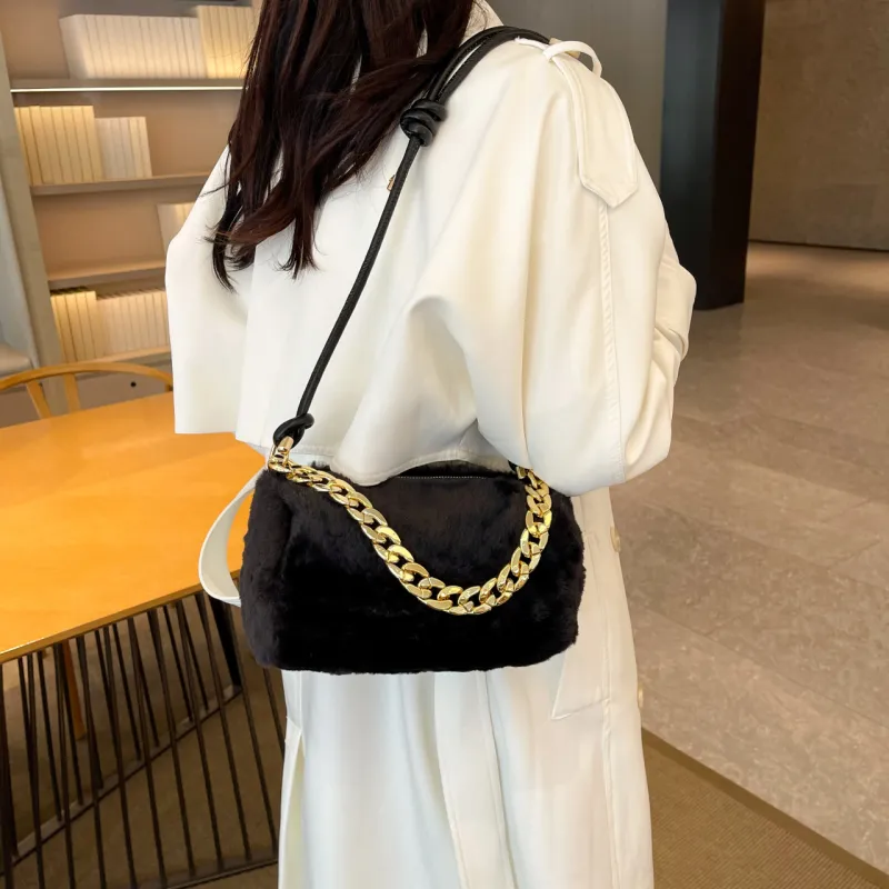 GOX Faux Fur Shoulder Bag Women's White/Black/Pink/Khaki-11