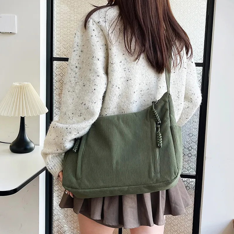 GOX Corduroy Shoulder Bag Regular Women's White/Black/Green/Khaki/Pink-12