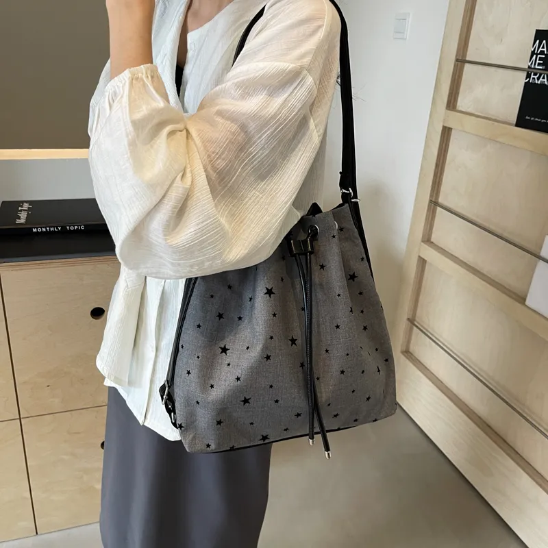 GOX Canvas Bag, Bucket Bag, Shoulder Bag Women's Stars/Polka Dot/Bowknot/Heart-5