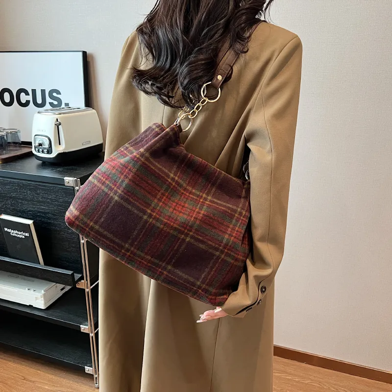 GOX Woolen Shoulder Bag Regular Women's Red Plaid/Green Plaid-2