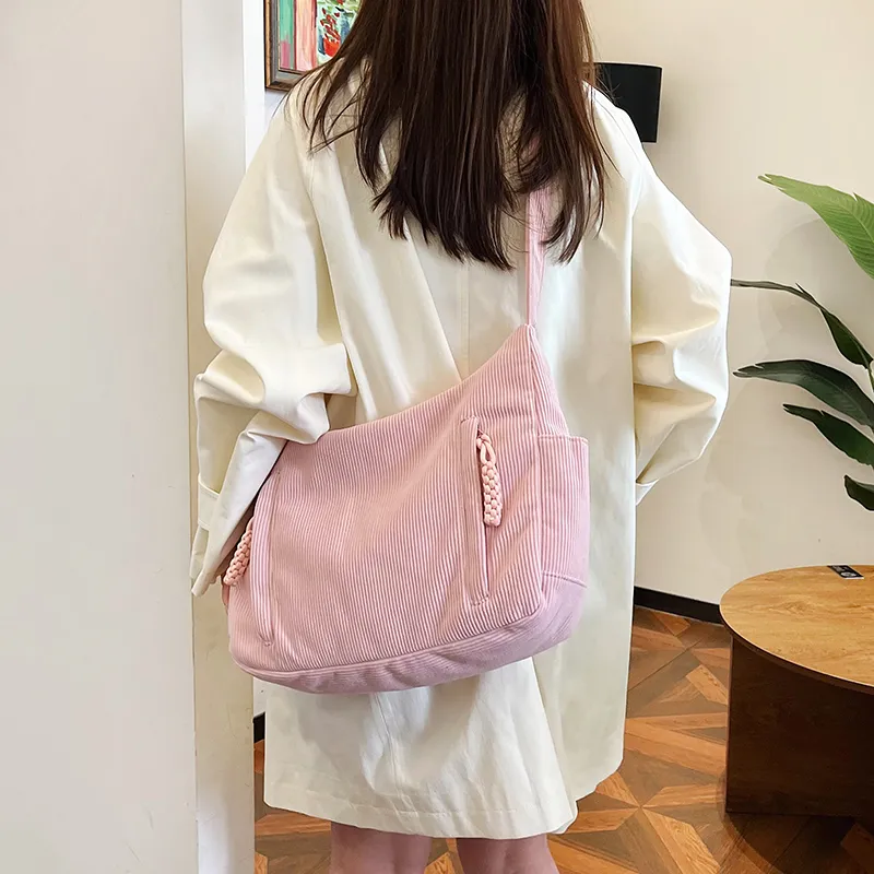 GOX Corduroy Shoulder Bag Regular Women's White/Black/Green/Khaki/Pink-19