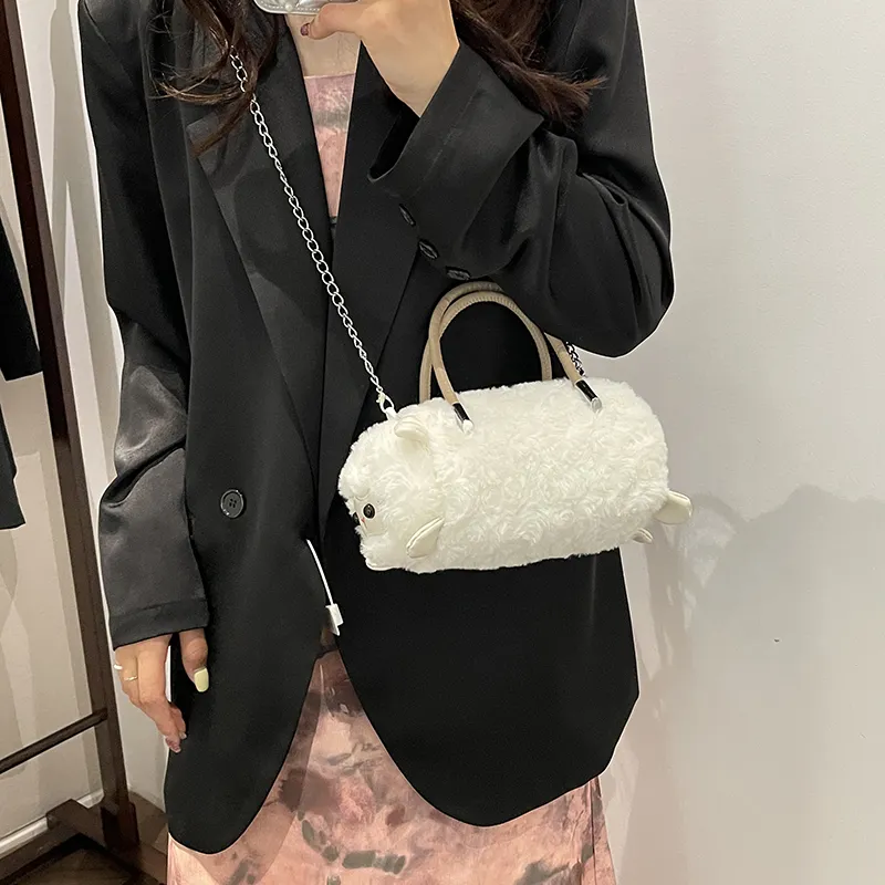 GOX Plush Shoulder Bag, Crossbody Bag, Handbag Regular Women's White/Black/Umber-5