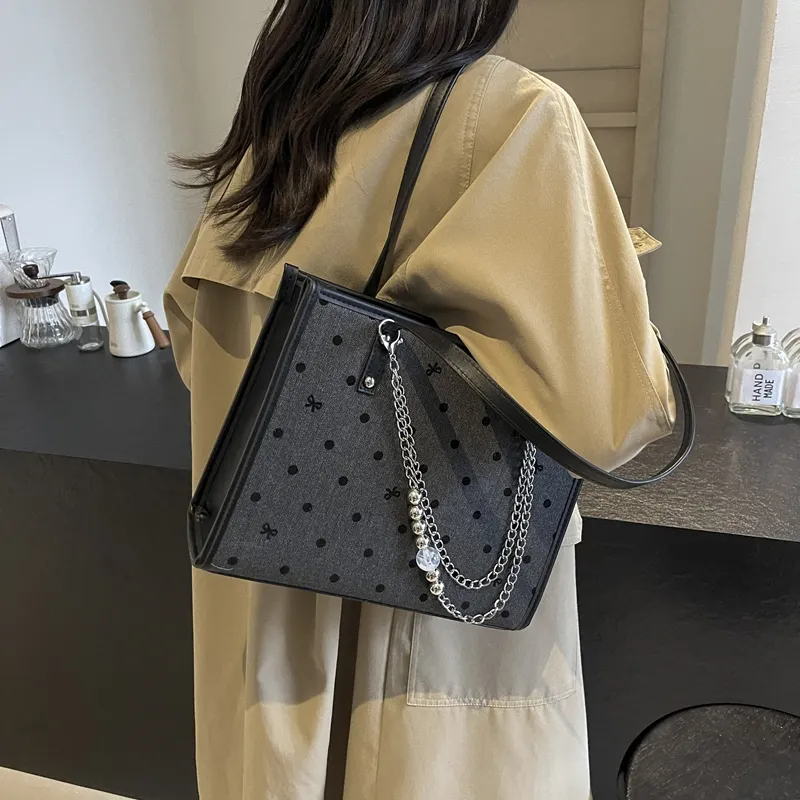 GOX Canvas Bag, Tote Bag, Shopping Bag, Shoulder Bag Women's Gray Heart/Black Heart/Polka Dot Bowknot-7