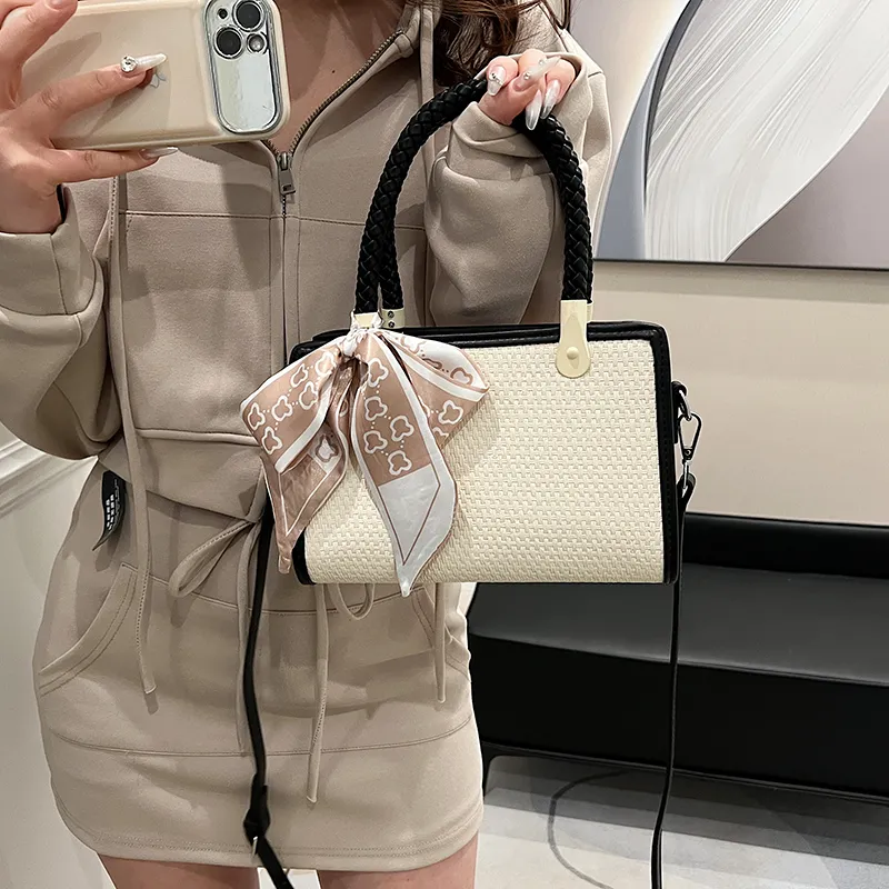 GOX PU With Straw Woven Shoulder Bag Women's Black/Pink/Khaki-2